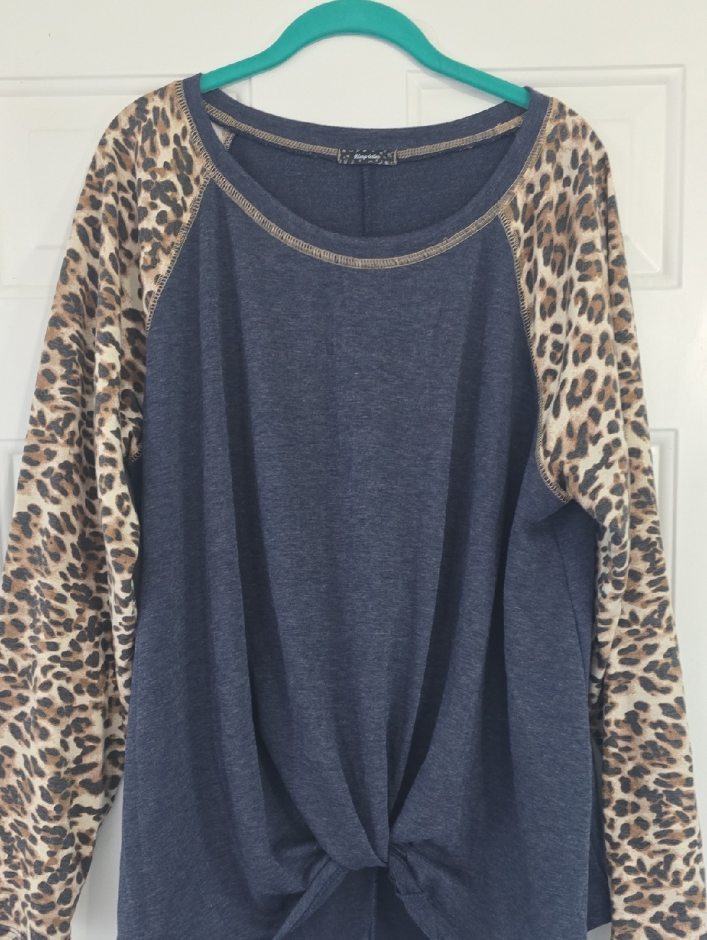 Women's Navy Knit Top with Leopard Print Raglan Sleeves